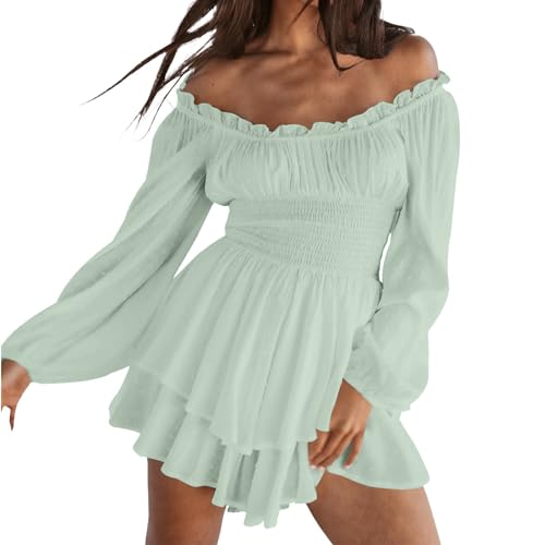 Damen Kleid Sommerkleider Freizeitkleid Minikleid Piratenkleid Langarm Puffärmeln Chiffon Tunika Rüschenkleid Swing Kleid Lässige Casual Strandkleid Partykleid für Frauen (A-Grün, S) von Generic