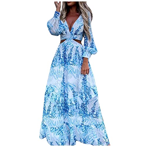 Damen Kleider Blumen Rückenfreies Kleid BH Grün Elegant Drucken Hollow Out V-Ausschnitt Langarm Rüschen A-Linie Swing Hohe Taille Bohokleid Lang(Hellblau,L) von Generic