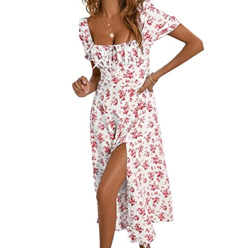 Damen Kleider Elegant, Strandkleid A Linie Schlitz Boho Kleid V-Ausschnitt Puff Ärmel Gesmokt Wickelkleid Casual Freizeitkleid Böhmisch Maxikleid mit Flowy Long Hem für Sommer Urlaub S A Hot Pink von Generic