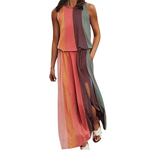 Damen Kleider Elegant Damen Maxikleid Sommer O-Ausschnitt Ärmellos Split Lange Kleider Lässiges Boho Tankkleid Strand Sommerkleid mit Tasche Freizeitkleid Damen Sommer Partykleid von Generic