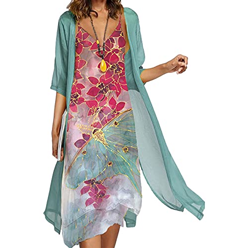 Damen Kleider Midi Abendkleid Cocktailkleider Boho Blumendruck Langes Kleid mit Chiffon Jacke Zweiteiler Brautmutterkleid Ärmellos Partykleid Ballkleid Festlich Brautjungfernkleid Elegant für Hochzeit von Generic