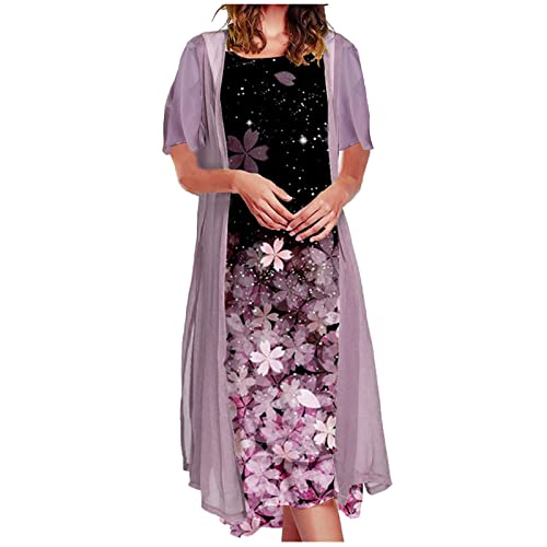 Damen Kleider Midi Abendkleid Cocktailkleider Boho Blumendruck Langes Kleid mit Chiffon Jacke Zweiteiler Brautmutterkleid Ärmellos Partykleid Ballkleid Festlich Brautjungfernkleid Elegant für Hochzeit von Generic