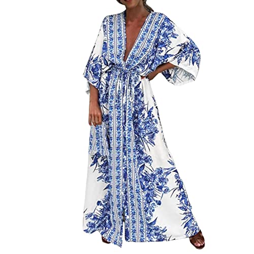 Damen Kleider Sommer Elegant Sommerkleid Boho Maxikleid V-Ausschnitt Strandkleid Lang Blumenkleid High Waist Freizeitkleid Blumen Swing Flowy Tunika Kleid Urlaub Strandkleider Shirtkleider von Generic