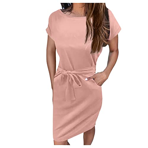 Damen Kleider Sommer Kleid mit Hose drunter schwarzes Kleid Damen lang Einfarbig Kurze Ärmel Rundhals Midikleid mit Tasche Bodycon Kleid mit Gürtel weisses Kleid Damen (Rosa, XL) von Generic