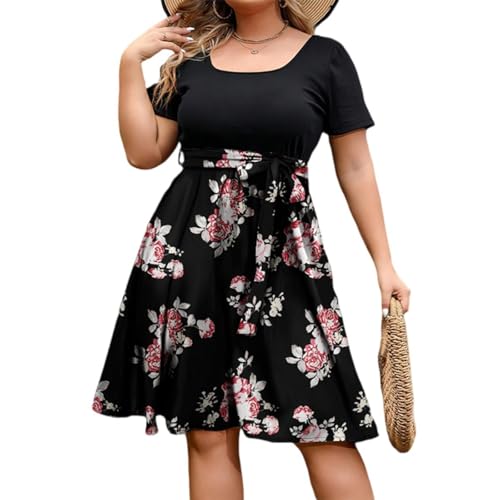 Damen Kleider Sommer Übergröße Patchwork A-Linie Kleider Frauen Rundhals Kurzarm Midikleid Casual Swing Knielang Freizeitkleid Hohe Taille Tunikakleid Plus Size Sommer Große Größen Strandkleid von Generic