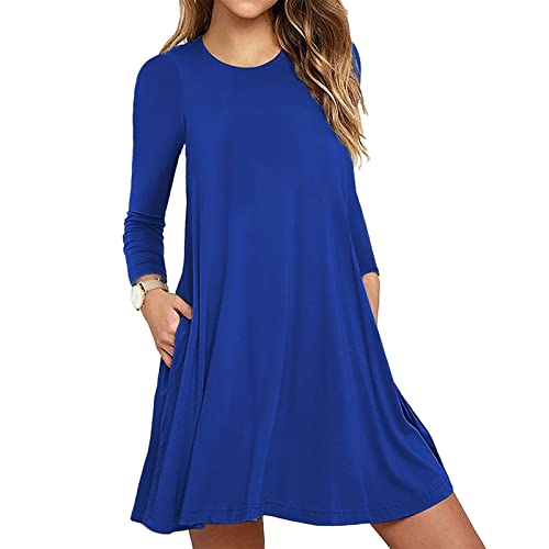 Damen Kleider Winter Kleid Sommer Kleid Mit Spitze Elegant Einfarbig A-Linie Kleider Rundhals Knielang Blusenkleid Winter Tunikakleid Casual Sweatkleid Locker Kleider (Blue,5XL) von Generic