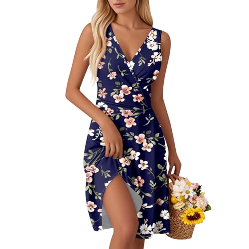 Damen Kleidung Damen Sommerkleid Ärmellose Elegante V-Ausschnitt Kleider Swing Kurz A-Linie Freizeit Strandkleid Strandkleid Leichte Lässige Minikleid für Urlaub B Dark Blue M von Generic