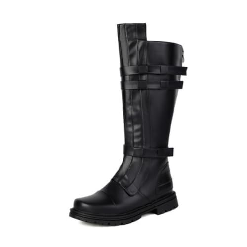 Damen Kniehohe Stiefel Mit Schnallenriemen Quadratische Spitze Niedrige Absätze Strapazierfähiges PU Leder Obermaterial Seitlicher Reißverschluss Slip On,Schwarz,36 EU von Generic
