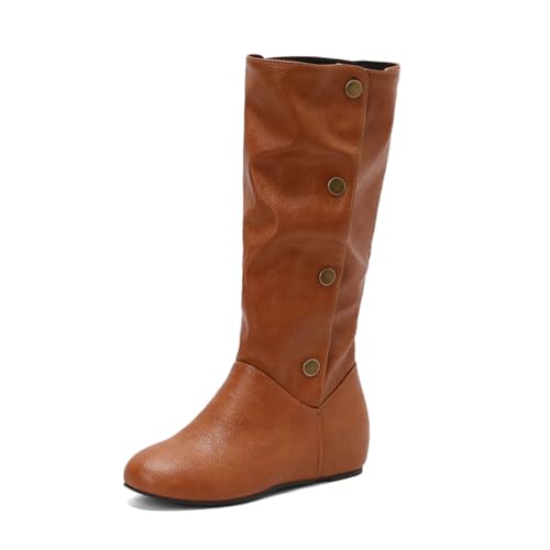 Damen Kniehohe Stiefel Mit Seitlichen Knopfakzenten Versteckte Keilabsätze Runde Spitze Weiche Futterung Casual Alltagsmodische Stiefel,Gelb,40 EU von Generic