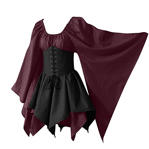 Damen Knielang Leinenkleider Festlich Steampunk Punk Kleid Feenkleid Punk Kleid Festlich Freizeit Rokoko Kleid Pullover-Kleid mit Kordelzug Wine, S von Generic