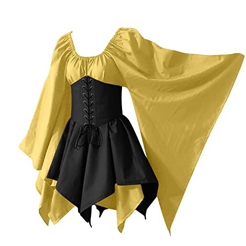 Damen Knielang Leinenkleider Steampunk Masquerade Kleid Kleider Vintage Trompetenärmel Hexenkleid Punk Kleid Süß Druck Swingkleid Festlich Pullover-Kleid mit Kordelzug Yellow M von Generic