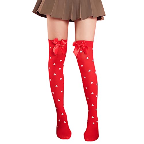 Damen Kniestrümpfe Overknee Strümpfe Mit Rotes Bowknot Überknie Kniestrümpfe Stockings Lange Socken Herz Valentinstag Accessoires Socken Frauen Drucke Party Kostüm Liebestag Socken (A, One Size) von Generic