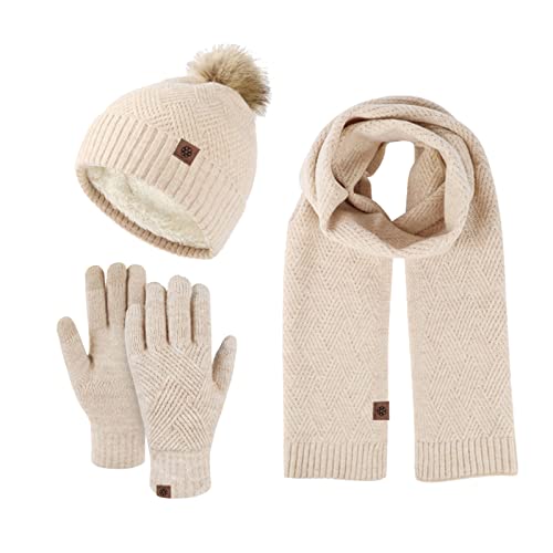 Damen Knit Mütze Schal Handschuhe Winter Schal Strickmütze Kombiset Fäustlinge Mütze Schal Set Beanie Loop Schal Strickset Gestrickt Geschenkset Winterschal Thermo Handschuhe mit Kreis Loop Schal F von Generic