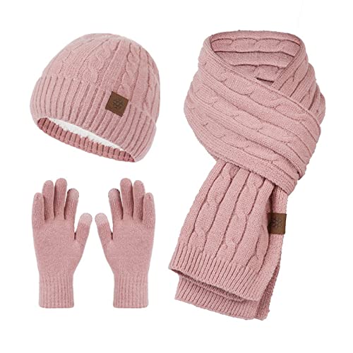 Damen Knit Mütze Schal Handschuhe Winter Schal Strickmütze Kombiset Fäustlinge Mütze Schal Set Beanie Loop Schal Strickset Gestrickt Geschenkset Winterschal Thermo Handschuhe mit Kreis Loop Schal F von Generic