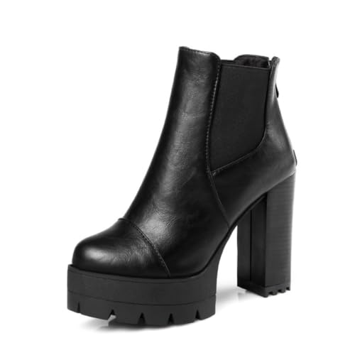 Damen Knöchel Stiefeletten Runde Zehen Blockabsatz Plateau Zum Hineinschlüpfen Strapazierfähiges PU Leder rutschfest Bequem Abend Party Prom Schuhe,Schwarz,38 EU von Generic