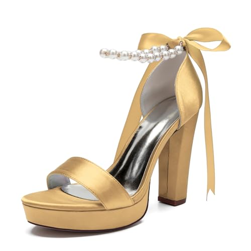 Damen Knöchelriemen Brautschuhe Satin Runde Spitze Brautkleid Schuhe Abend Party Gros Talon Sandalen Offene Zehe Perle Schnürung Brautschuhe,Gold,40 EU Damen Knöchelriemen Brautschuhe Satin Runde Spitze Brautkleid Schuhe Abend Party Gros Talon Sandalen Offene Zehe Perle Schnürung Brautschuhe,Gold,40 EU von Generic