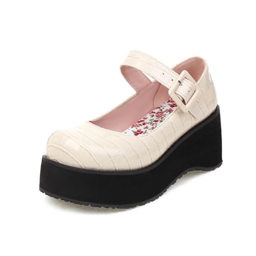 Damen Knöchelriemen Lolita Schuhe Mit Schnalle Geschlossene Runde Zehen PU-Leder Mary Janes Keilabsatz Plateau Pumps,Beige,42 EU Damen Knöchelriemen Lolita Schuhe Mit Schnalle Geschlossene Runde Zehen PU-Leder Mary Janes Keilabsatz Plateau Pumps,Beige,42 EU von Generic