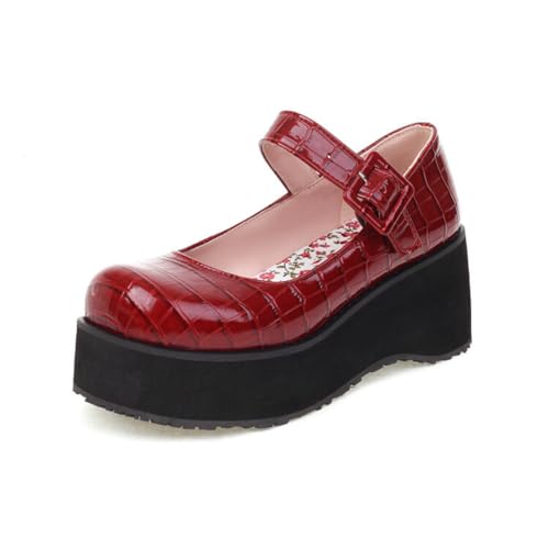 Damen Knöchelriemen Lolita Schuhe Mit Schnalle Geschlossene Runde Zehen PU-Leder Mary Janes Keilabsatz Plateau Pumps,Rot,35.5 EU von Generic