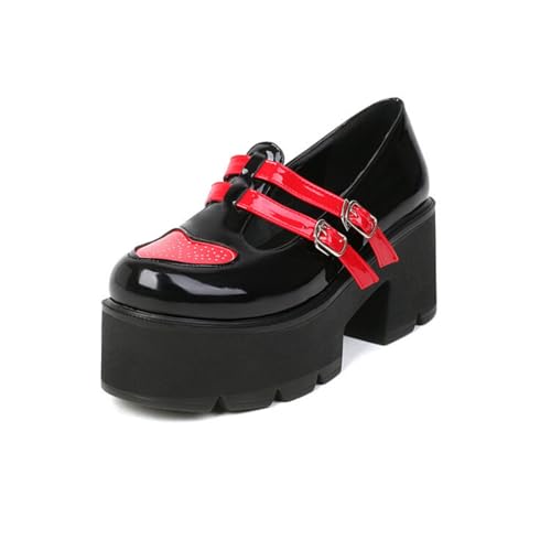 Damen Knöchelriemen Plateau Loafer Mit Schnalle Geschlossene Runde Zehen Mary Janes Hoher Stämmiger Ferse Kleid Pumps,Black red,38.5 EU von Generic