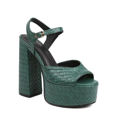 Damen Knöchelriemen Römische Sandalen Mit Schnalle Peeptoe PU Leder Slingback Sandalen Hoher Blockabsatz Plateau Pumps Für Partei Abschlussball,Grün,35.5 EU von Generic