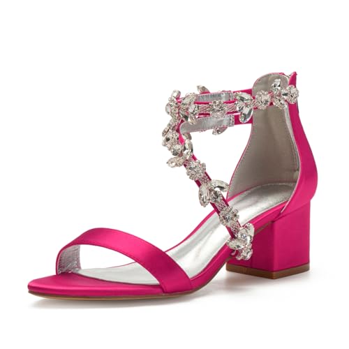 Damen Komfort Offene Spitze Hochzeitsschuhe Block Hoher Absatz Abend Party Täglich Braut Sandalen Knöchelriemen Kleid Schuhe Satin Strass Pumpe,Fuchsia,38 EU von FQMAYPO
