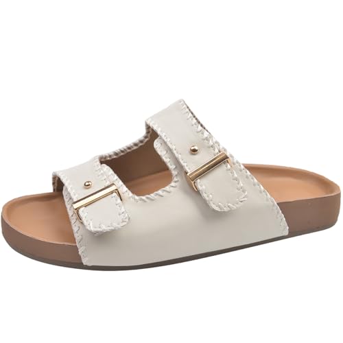 Damen Komfort-Sandalen in Weite, Echtleder-Obermaterial mit Doppel-Schnalle, rutschfeste Gummisohle, Erweiterte Größen 35-45,Apricot,44 EU von Generic