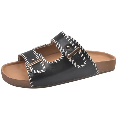 Damen Komfort-Sandalen in Weite, Echtleder-Obermaterial mit Doppel-Schnalle, rutschfeste Gummisohle, Erweiterte Größen 35-45,Schwarz,42 EU von Generic