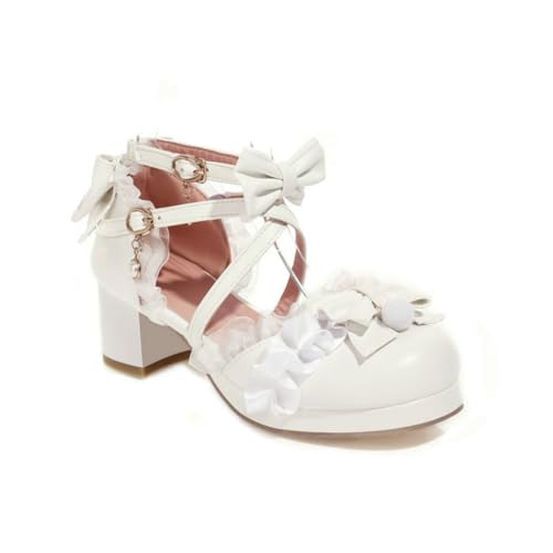 Damen Kreuz Knöchelriemen Lolita Schuhe Mit Schleife Runder Zehen Plattform Sandalen Blockabsatz PU-Leder Mary Jane Schuhe,Weiß,38 EU von HXTYXCQ