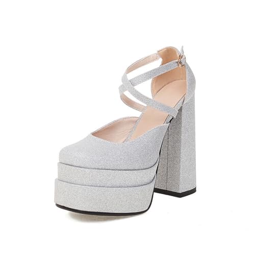 Damen Kreuz Knöchelriemen Mary Jane Schuhe Quadratische Zehe Glitzer Plateau Pumps Hoher Stämmiger Ferse Abend Partei Abschlussball Schuhe,Silber,41.5 EU von Generic