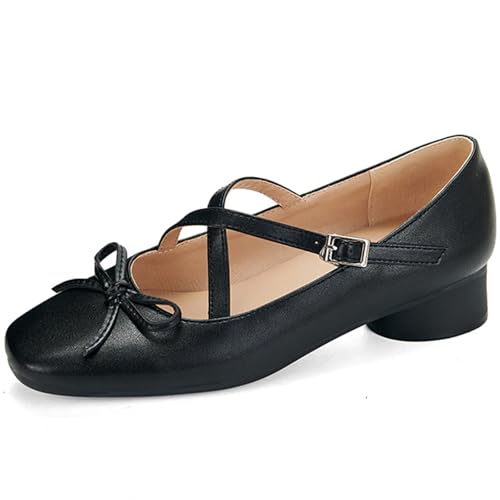 Damen Kreuzriemen Ballerinas Quadratspitze Blockabsatz 3cm PU Leder Bequem rutschfeste Sohle Erweiterte Größen (34-43),Schwarz,37 EU von Generic