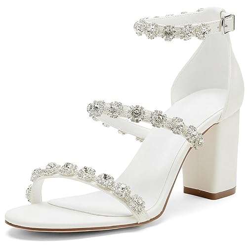 Damen Kristall Hochzeitssandalen mit Blockabsatz 8cm DREI Riemen Design runde offene Spitze weiß,Weiß,37 EU von Generic