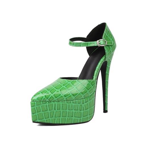 Damen Krokodil Präge Plateau Pumps mit Knöchelriemen Stiletto Absätzen mit Schnalle Spitz Geschlossene Zehe Abendkleid Party Prom Schuhe,Grün,38.5 EU von Generic