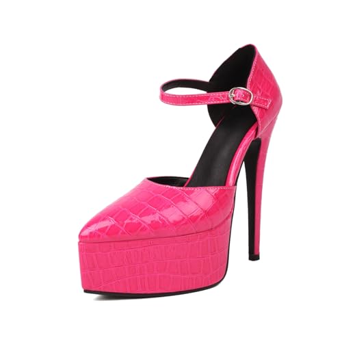 Damen Krokodil Präge Plateau Pumps mit Knöchelriemen Stiletto Absätzen mit Schnalle Spitz Geschlossene Zehe Abendkleid Party Prom Schuhe,Rose red,45 EU von Generic