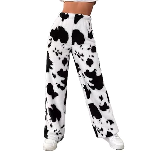 Damen Kuh Gedruckt Fleece Jogger Hosen Wide Leg Animal Print Plüsch Fuzzy Sweat Hosen von Generic