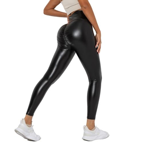 Damen Kunstleder Leggings High Waist Leggings Hose Strumpfhosen Leggins Kunstleder Leggings Leder Look PU Lederhose Strumpfhosen Sexy Leder (Schwarz,L) von Generic