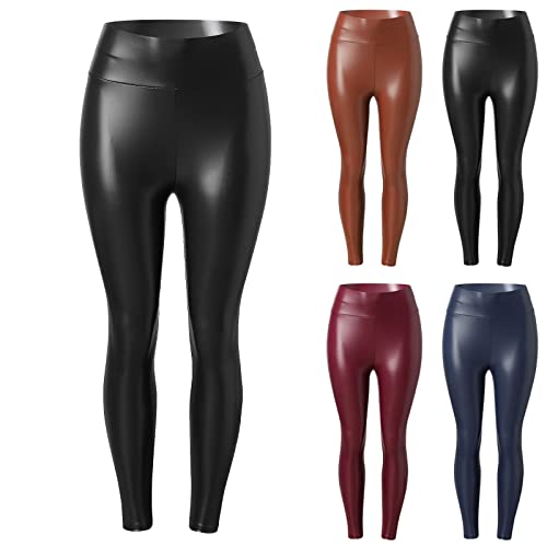 Damen Kunstleder Leggings High Waist Leggings Hose Strumpfhosen Treggins Leggins Kunstleder Leggings Leder Look hüfthoch (02 Schwarz, L) von Generic