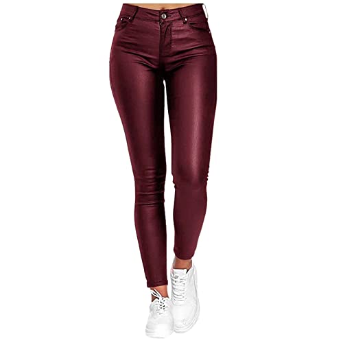 Damen Kunstleder Leggings High Waist PU Leder Leggings Hose Strumpfhosen Treggins Leggins Stretchhose für Damen Mit Geknöpft von Generic