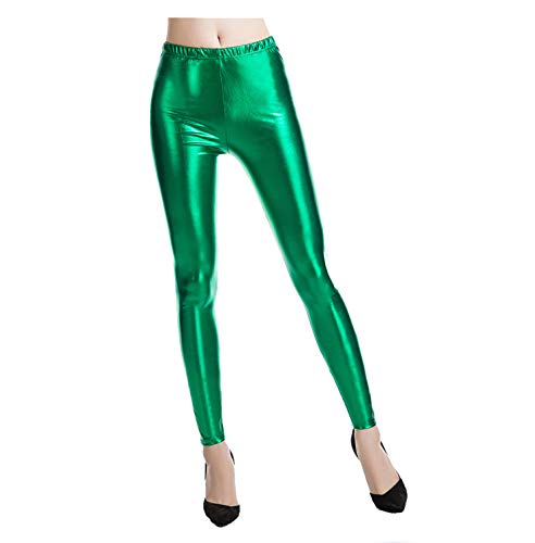 Damen Kunstleder Leggings Metallic Leggings Metallischer Hosen Silber Leggins Sonne Kostüm Space Girl Kostüm 80er Jahre Outfit für Ballett Tanz Metallic Leggings Frauen Karneval Cosplay (Green, XXL) von Generic