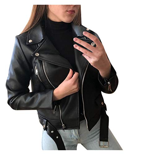 Damen Kunstlederjacke Biker Damen Jacke mit Revers-Kragen Frauen coole Kunstlederjacke Langarm Reißverschluss taillierter Mantel Autumn kurze Jacke Motorrad Moto Biker Lederjacke Mantel Kurz von Generic