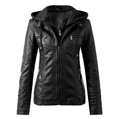 Damen Kunstlederjacke mit Kapuze Reißverschlussjacke Slim Fit Bikerjacke Doppelreißverschluss Übergangsjacke Damen Ledermantel Mehrere Taschen Lederjacke mit Kapuze Mode Jacke Motorradjacke (Black, M) von Generic