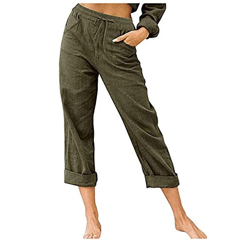 Damen Kurz 3/4 Sommerhose Damen Leinenhose Freizeithose Straight Haushose Elastischer Bund und Übergröße Sommerhosen Bequeme Atmungsaktive Hose Kurze von Generic