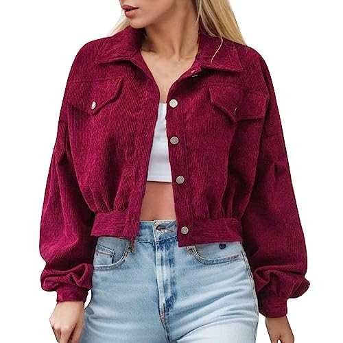 Damen Kurz Cordjacke Corduroy Vintage Kurzjacke Lange Ärmel Outwear Winter Frühling Herbst Top Outwear Mode Langarm Retro Casual Jacke von Generic