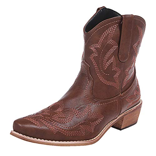 Damen Kurz Retro Stiefeletten - Leder Cowboy Boots Stiefeletten Western Cowboy Stiefel Schnüren Knöchel Outdoor, Autumn Winter Gummistiefel Wanderschuhe Einfach Gummistiefel Bequem von Generic