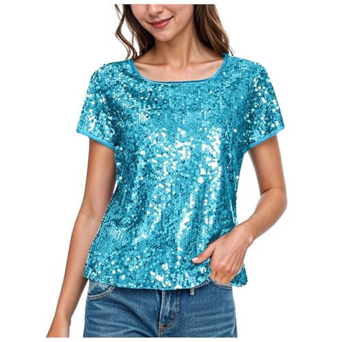 Generic Damen Tank Top - Turquoise, M, Neckholder, Pailletten, Glitzer, Silvester, Party, Crop Top, Elegant, Glänzend, Bluse, Oberteil, Club, Festlich, Frauen, Erwachsene Frauen von Generic
