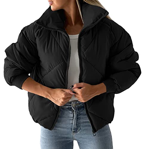 Damen Kurze Lederjacke Leder Mantel Teenager Mädchen Jacke Langarm Warm Winddicht Stehkragen Winterjacke Steppjacke Parka (Schwarz, L) von Generic