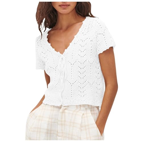 Damen Kurzer Häkelpullover Sommer V-Ausschnitt Krawatte Vorne Strickjacke Kurzarm Aushöhlen Strick Bolero 80 Er Jahre (White, M) von Generic