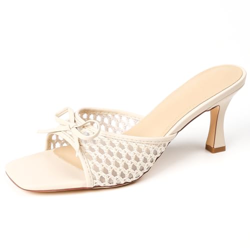 Damen-Lace-Mesh-Mules mit Schleife und Quadratischer Zehe, 8cm Stilettoabsatz - Creme Weiß,Cream White,40.5 EU von Generic