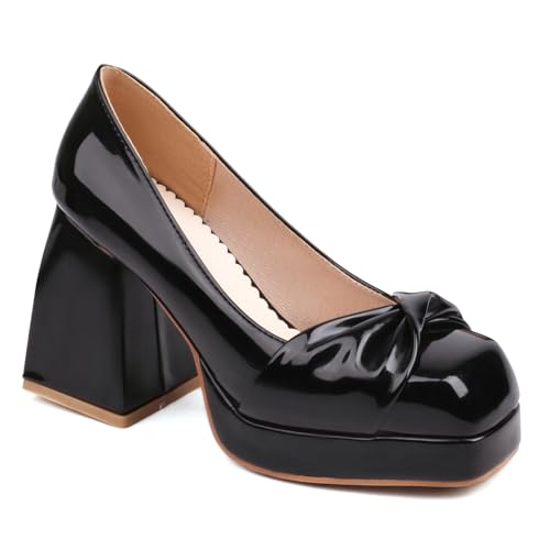 Damen Lackleder Bequeme Arbeitsschuhe Quadratische Zehen Kleid Schuhe Mit Schleife Hoher Stämmiger Ferse Plateau Pumps,Schwarz,38 EU von Generic