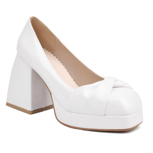 Damen Lackleder Bequeme Arbeitsschuhe Quadratische Zehen Kleid Schuhe Mit Schleife Hoher Stämmiger Ferse Plateau Pumps,Weiß,40 EU von Generic