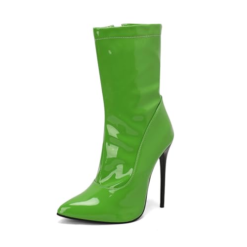 Damen Lackleder Kurzstiefel Spitze Zehen Stiefel Mit Mittlerer Wadenhöhe Mit Reißverschluss Hoher Pfennigabsatz Stiefeln,Grün,38 EU von Generic